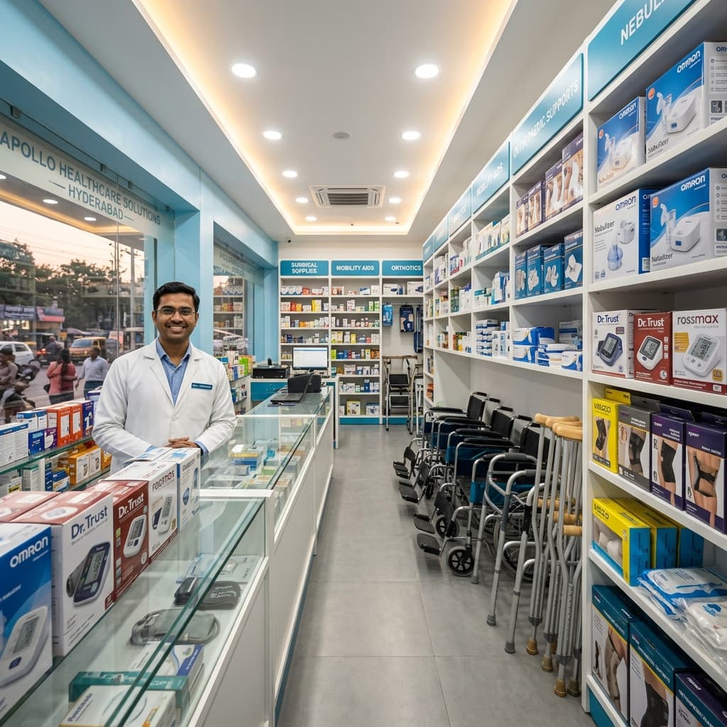 Inside Sai Srinivasa Medical & Surgicals — well-stocked shelves, mobility aids, and branded surgical products in B.N. Reddy Nagar, Hyderabad